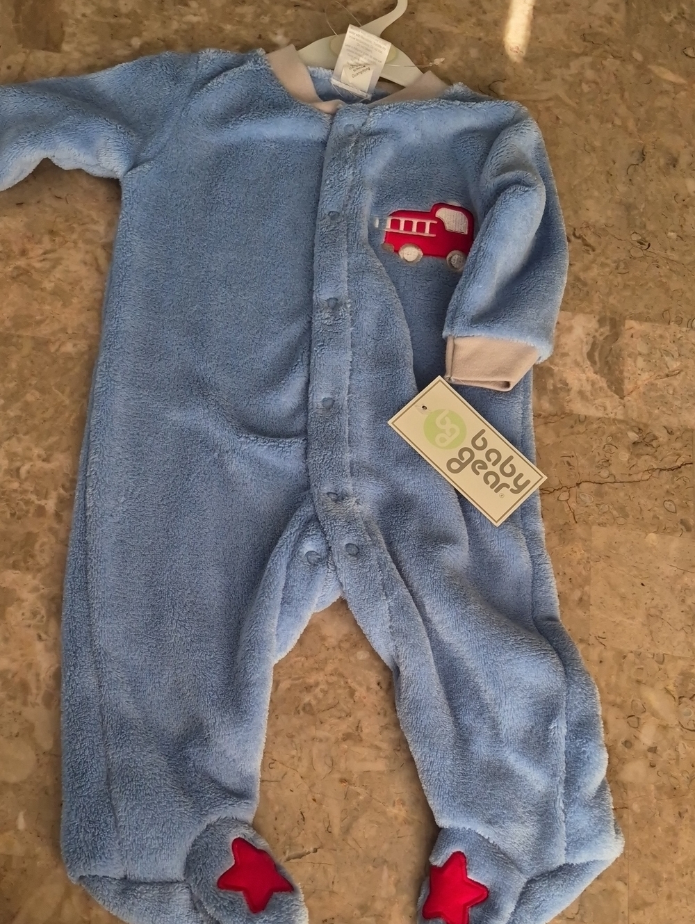 Baby Gear Light Blue Fleece Footed One-Piece with Red Fire Truck Applique